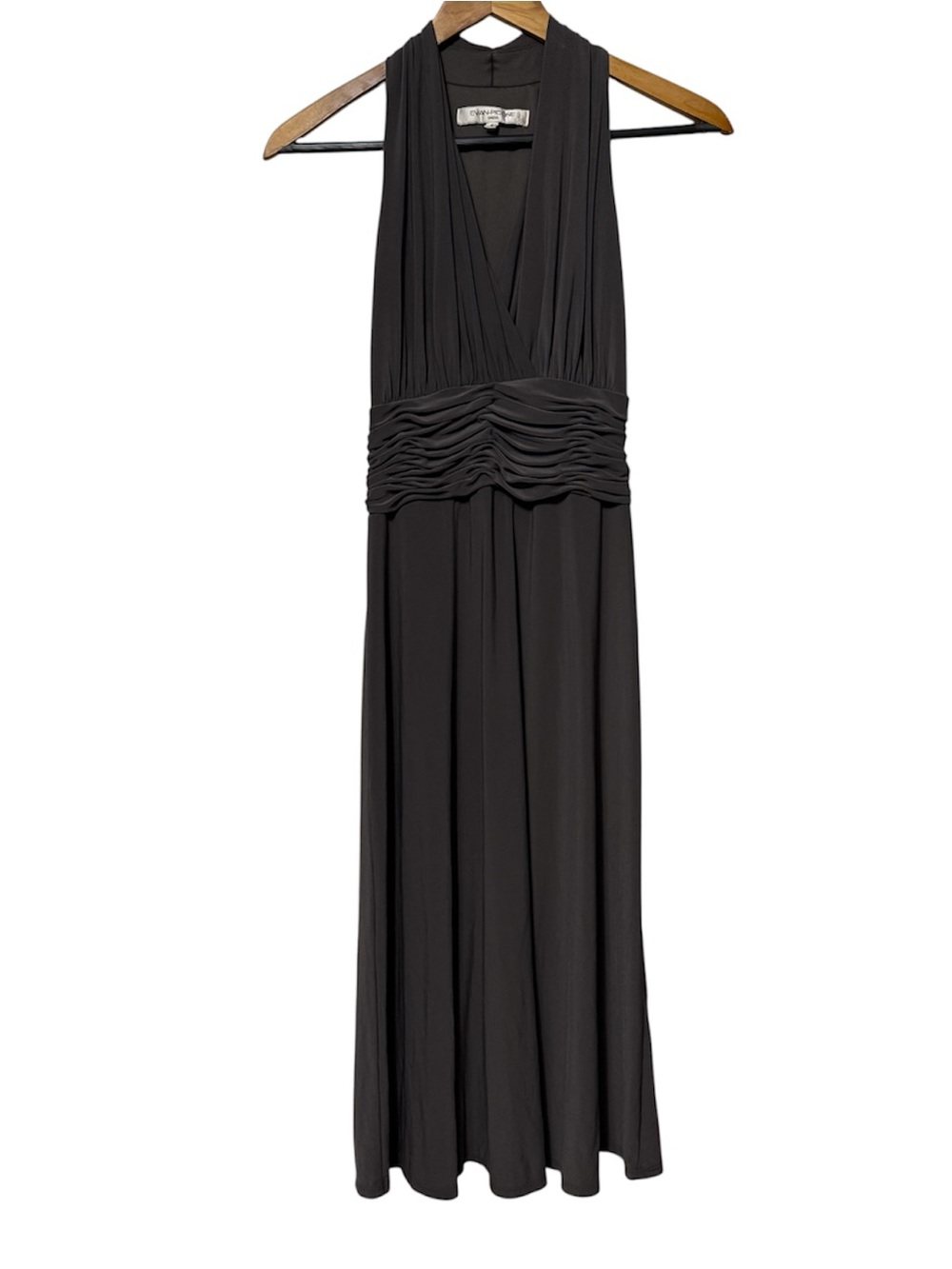 Evan-Picone Women’s Size 4 Gray Ruched Waist Sleeveless Midi Dress V-Neck Halter